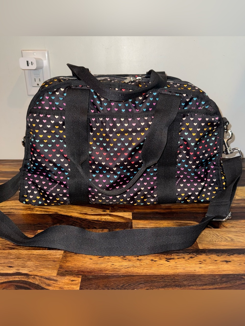 LeSportsac Black Duffel with Multicolor Heart Print